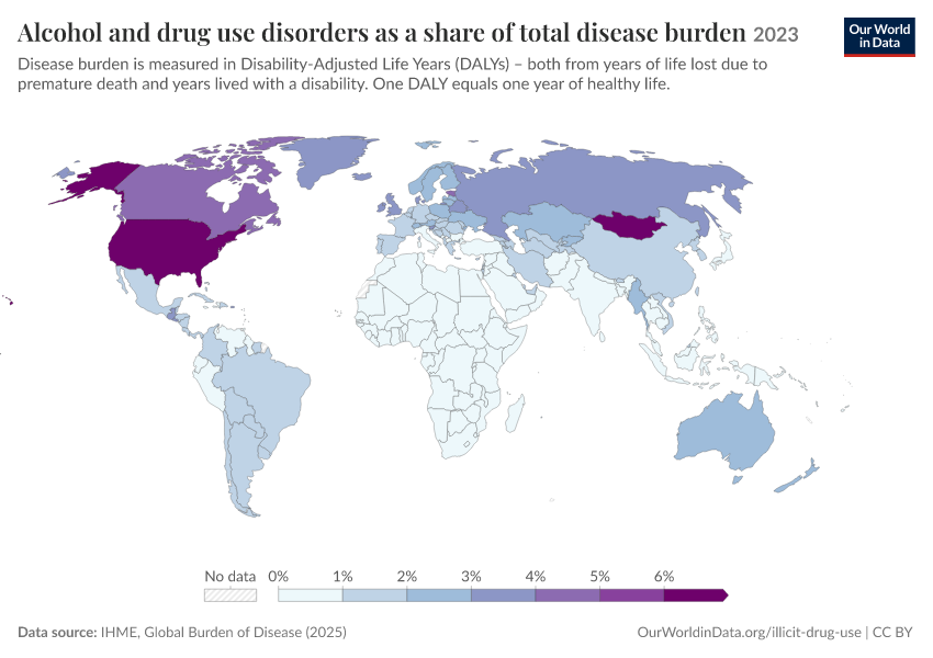 A thumbnail of the "Alcohol and drug use disorders as a share of total disease burden" chart