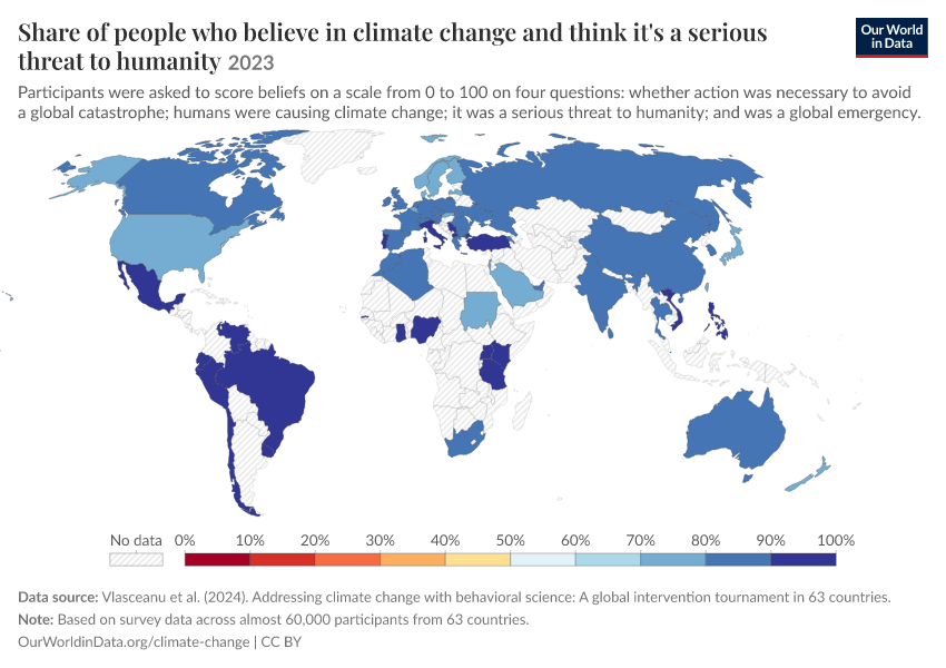 A thumbnail of the "Share of people who believe in climate change and think it's a serious threat to humanity" chart